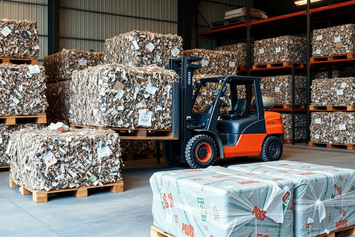 Empilhadeira movimentando fardos de material reciclável