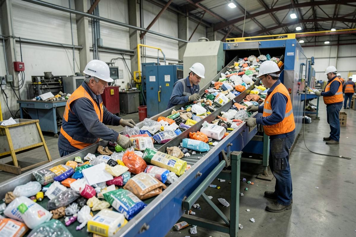 Equipe separando materiais recicláveis em esteira