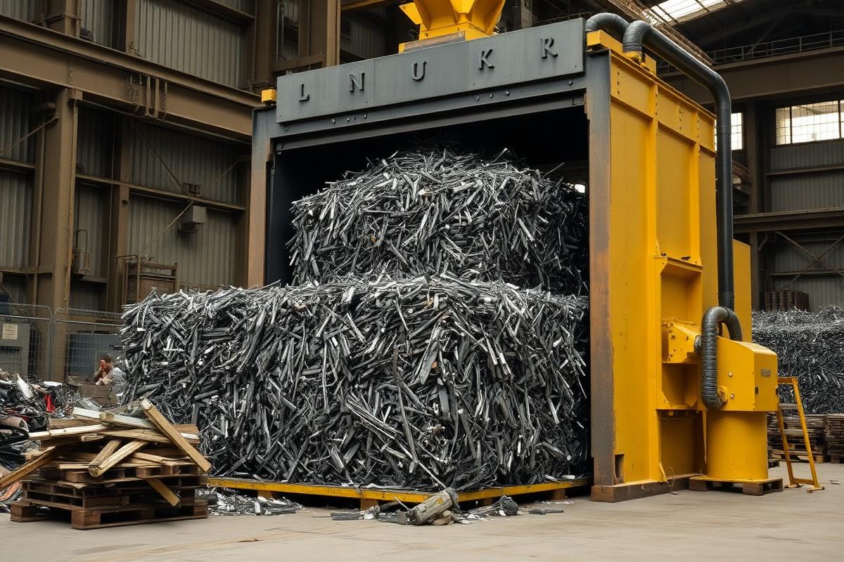 Prensa industrial enfardando sucata metálica