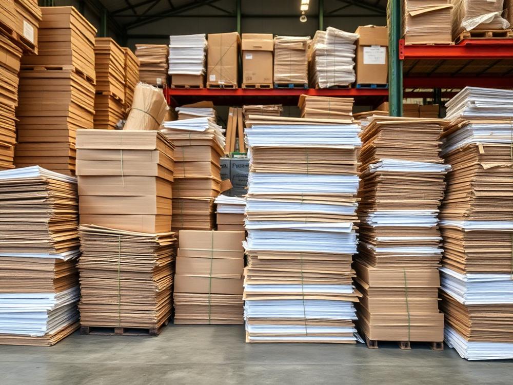 Fardos de papelão e papel branco estocados em galpão