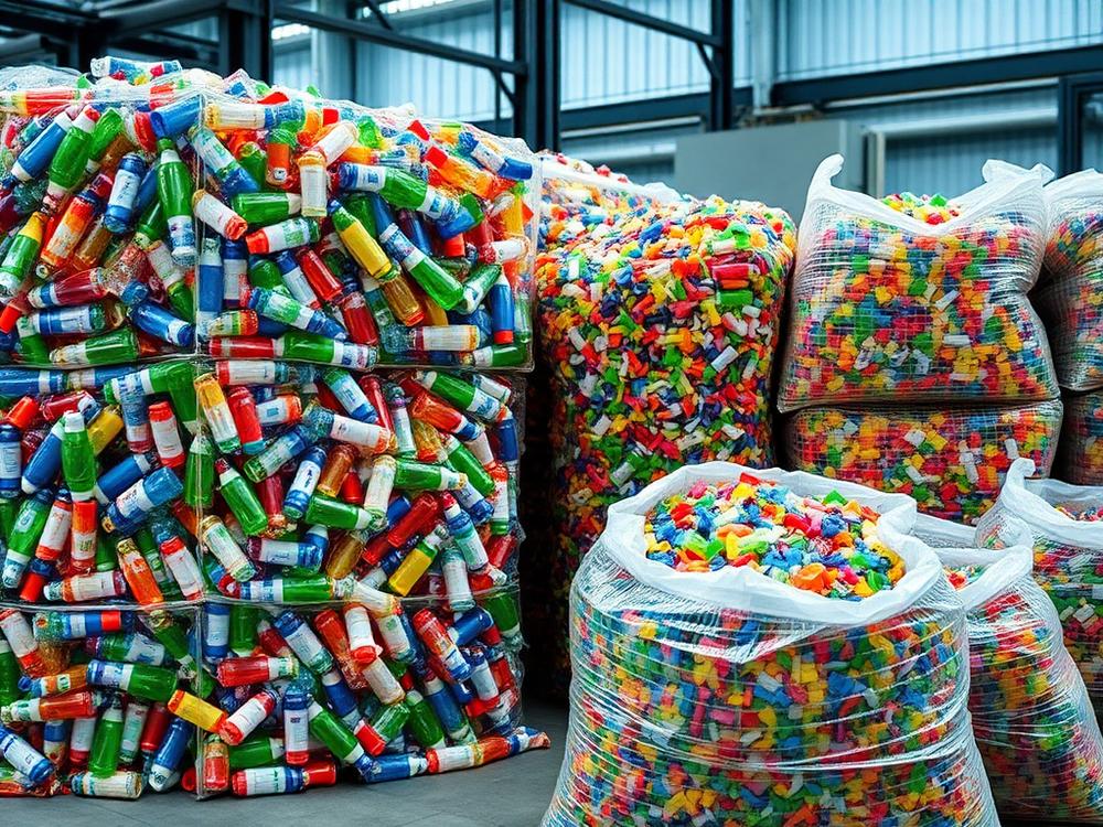 Fardos de garrafas PET e big bags com flakes plásticos coloridos